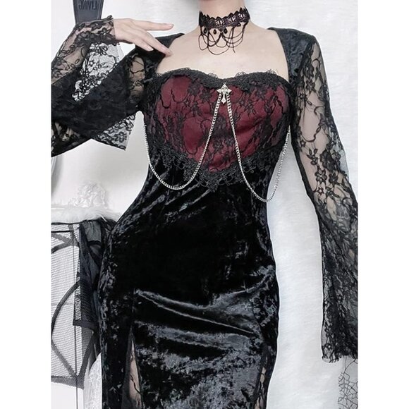 Contrast Lace Long Sleeve Split Dress Black Goth Vintage Dresses Clothes - Picture 7 of 8